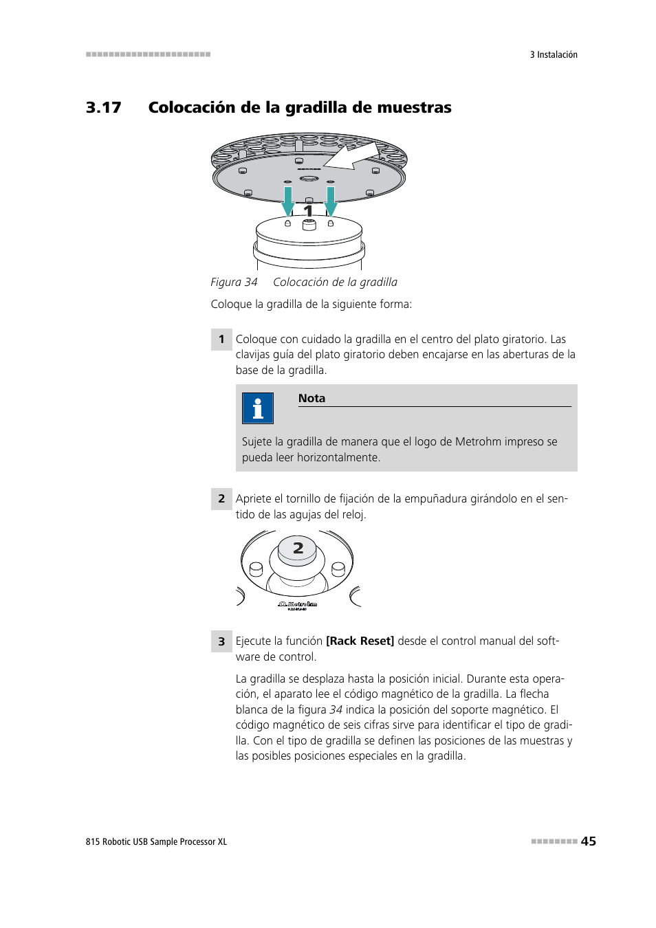 17 colocación de la gradilla de muestras, Figura 34, Colocación de la gradilla | Metrohm 815 Robotic USB Sample Processor XL User Manual | Page 53 / 114