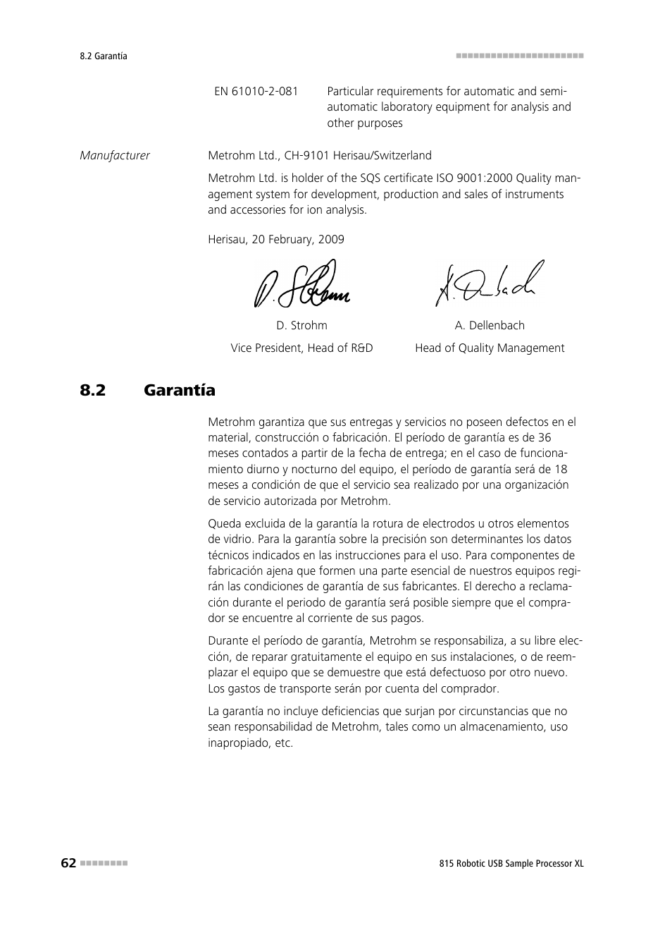 2 garantía, Garantía | Metrohm 815 Robotic USB Sample Processor XL User Manual | Page 70 / 114