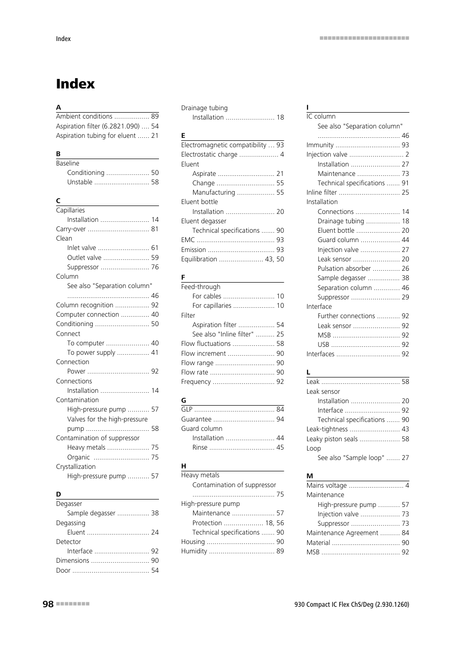 Index | Metrohm 930 Compact IC Flex ChS/Deg User Manual | Page 106 / 107