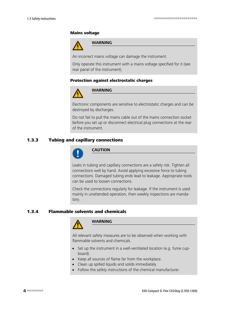 3 tubing and capillary connections, 4 flammable solvents and chemicals, Tubing and capillary connections | Flammable solvents and chemicals | Metrohm 930 Compact IC Flex ChS/Deg User Manual | Page 12 / 107