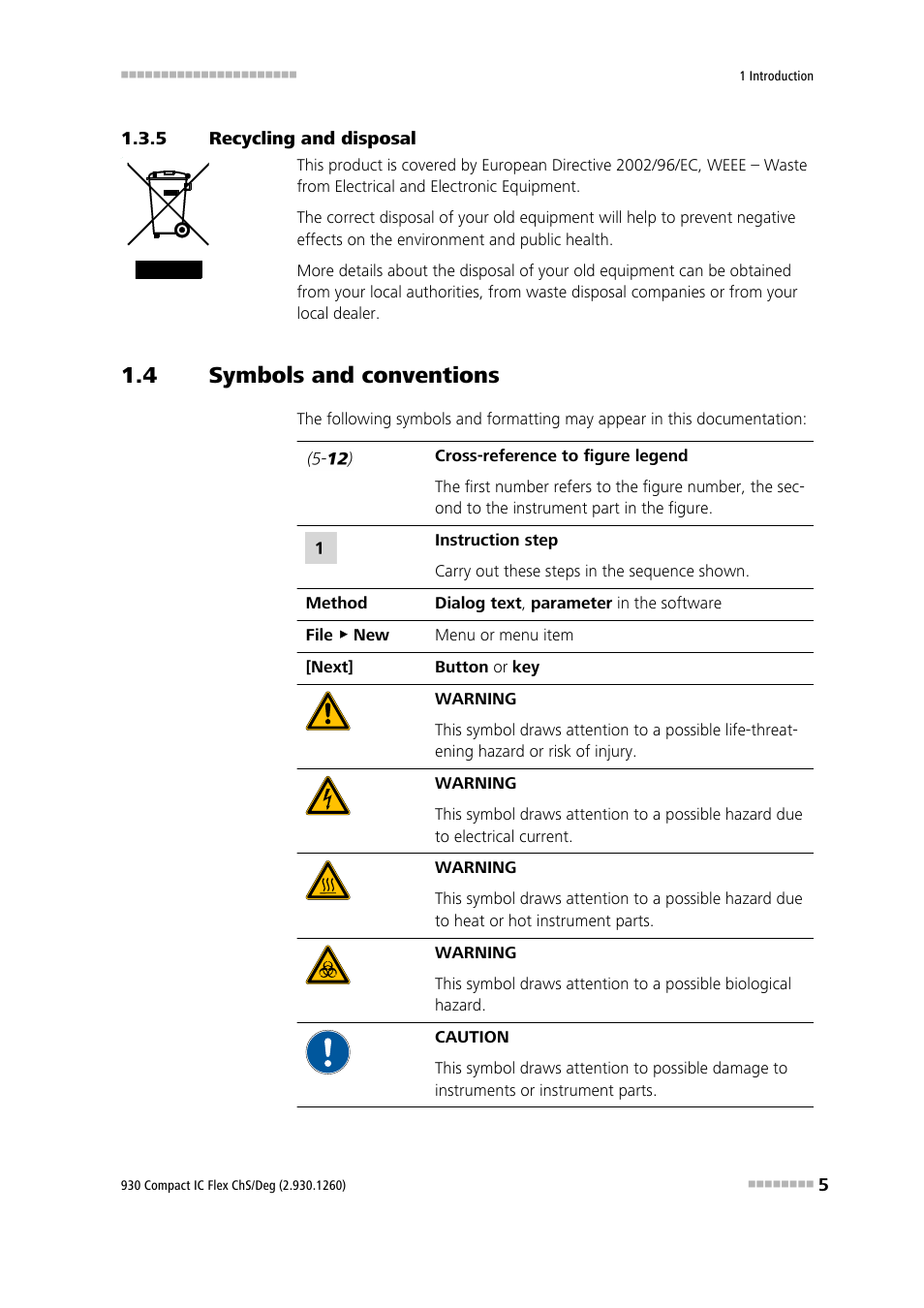 5 recycling and disposal, 4 symbols and conventions, Recycling and disposal | Symbols and conventions | Metrohm 930 Compact IC Flex ChS/Deg User Manual | Page 13 / 107