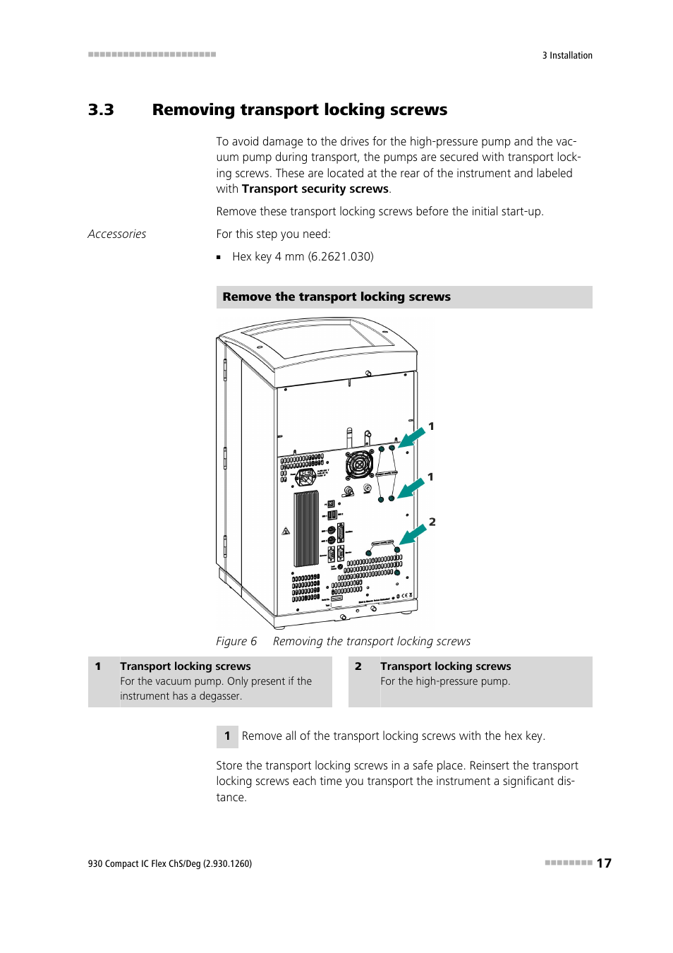 3 removing transport locking screws, Removing transport locking screws, Figure 6 | Removing the transport locking screws | Metrohm 930 Compact IC Flex ChS/Deg User Manual | Page 25 / 107