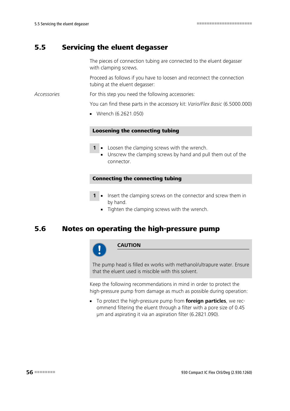 5 servicing the eluent degasser, 6 notes on operating the high-pressure pump, Servicing the eluent degasser | Notes on operating the high-pressure pump | Metrohm 930 Compact IC Flex ChS/Deg User Manual | Page 64 / 107