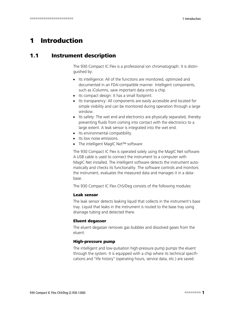 1 introduction, 1 instrument description, Instrument description | Metrohm 930 Compact IC Flex ChS/Deg User Manual | Page 9 / 107