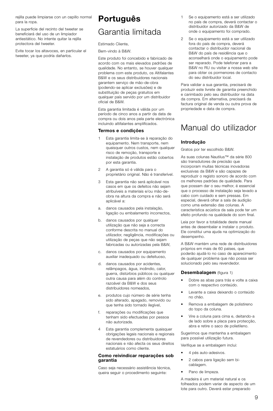 Português garantia limitada, Manual do utilizador | Bowers & Wilkins HTM1 User Manual | Page 12 / 31