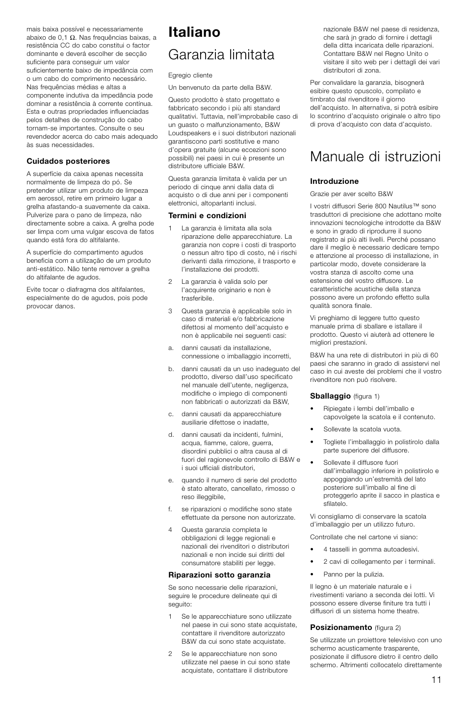 Italiano garanzia limitata, Manuale di istruzioni | Bowers & Wilkins HTM1 User Manual | Page 14 / 31