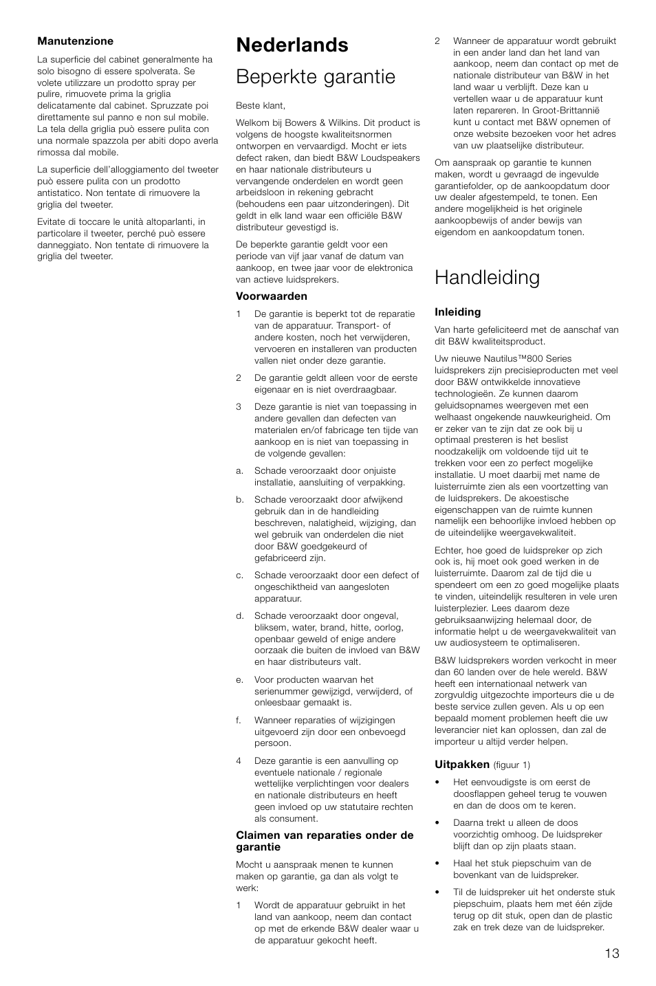 Nederlands beperkte garantie, Handleiding | Bowers & Wilkins HTM1 User Manual | Page 16 / 31