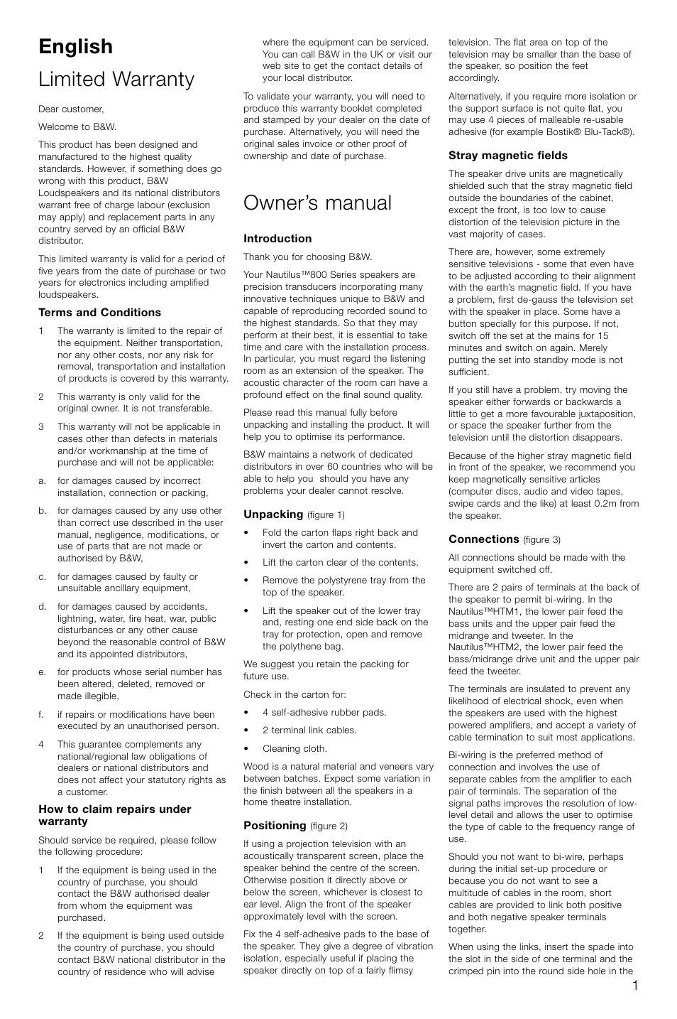 English limited warranty, Owner’s manual | Bowers & Wilkins HTM1 User Manual | Page 4 / 31