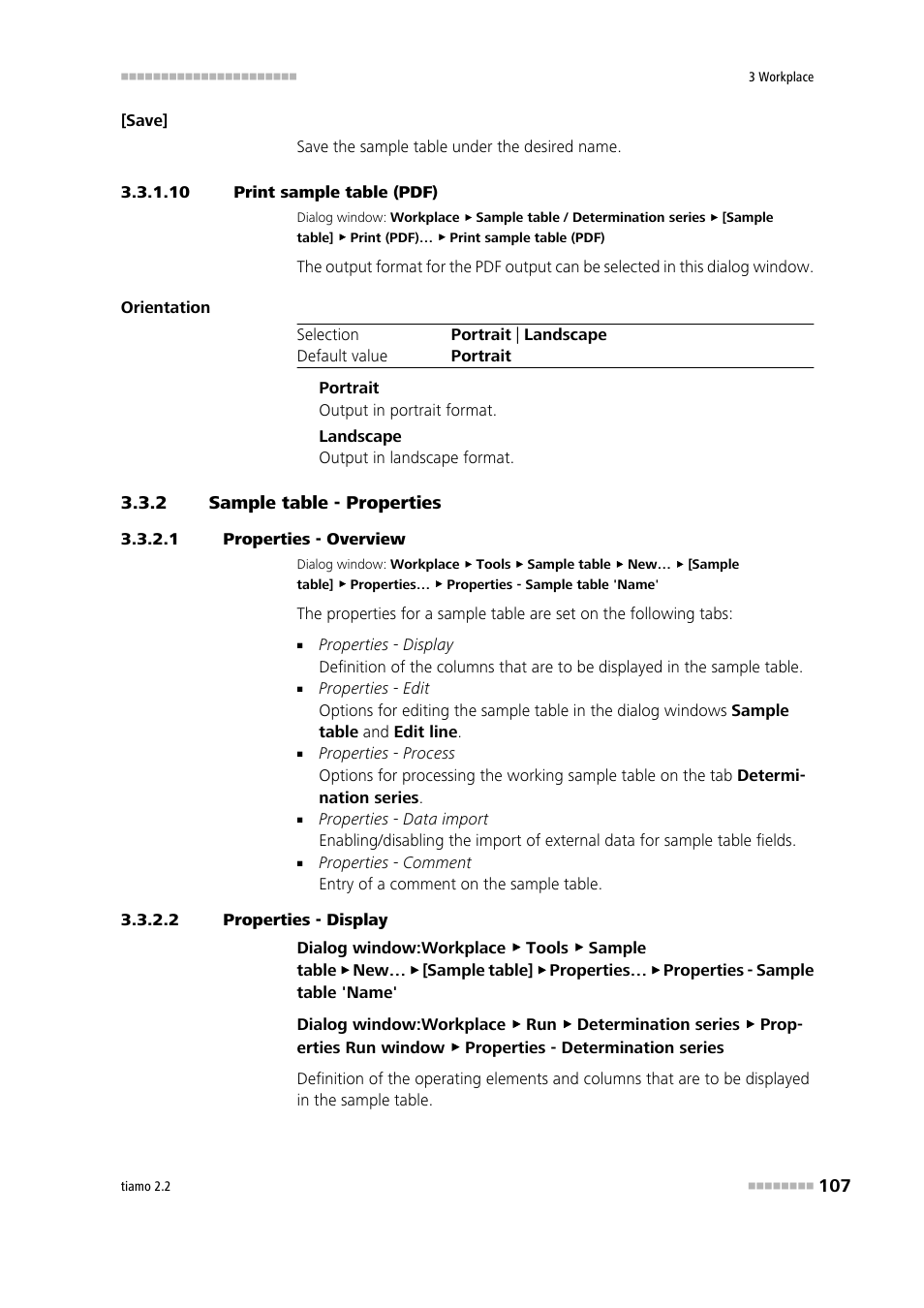 10 print sample table (pdf), 2 sample table - properties, 1 properties - overview | 2 properties - display, Sample table - properties, Print sample table, Define sample table properties | Metrohm tiamo 2.2 Manual User Manual | Page 121 / 1574