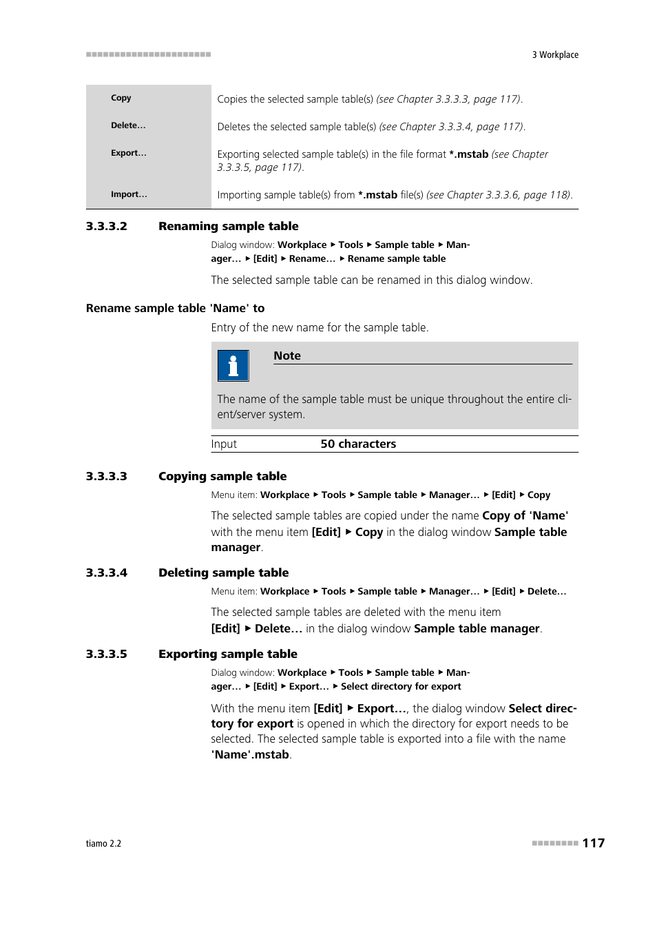 2 renaming sample table, 3 copying sample table, 4 deleting sample table | 5 exporting sample table | Metrohm tiamo 2.2 Manual User Manual | Page 131 / 1574