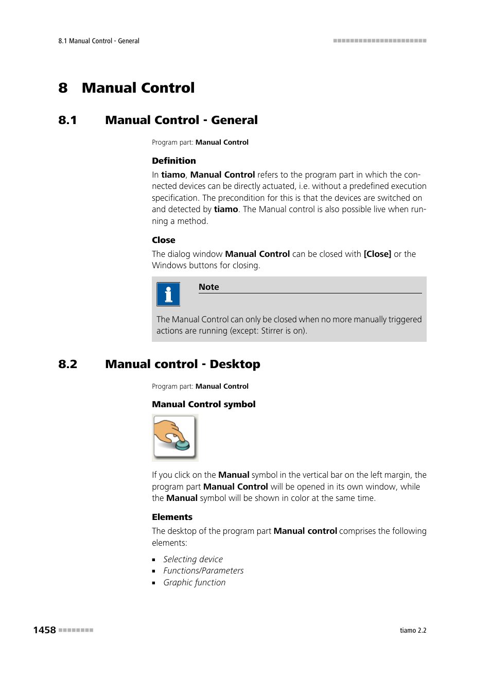 8 manual control, 1 manual control - general, 2 manual control - desktop | Manual control - general 8 | Metrohm tiamo 2.2 Manual User Manual | Page 1472 / 1574