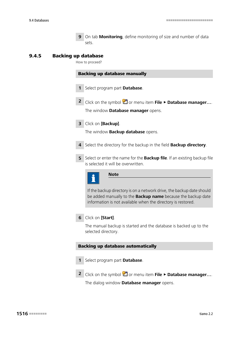 5 backing up database, Backing up database 6 | Metrohm tiamo 2.2 Manual User Manual | Page 1530 / 1574