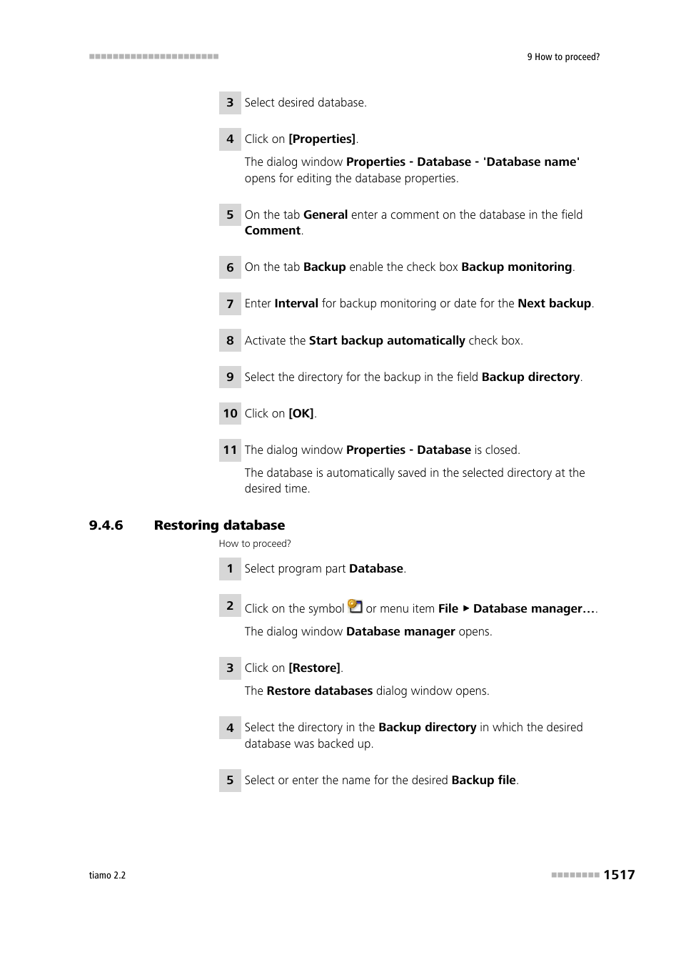 6 restoring database, Restoring database 7 | Metrohm tiamo 2.2 Manual User Manual | Page 1531 / 1574