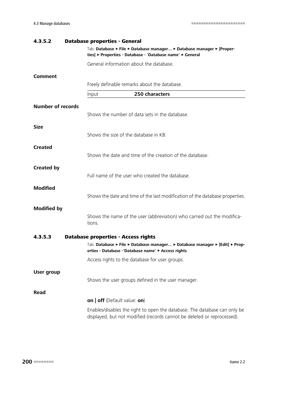 2 database properties - general, 3 database properties - access rights, General | Access rights | Metrohm tiamo 2.2 Manual User Manual | Page 214 / 1574