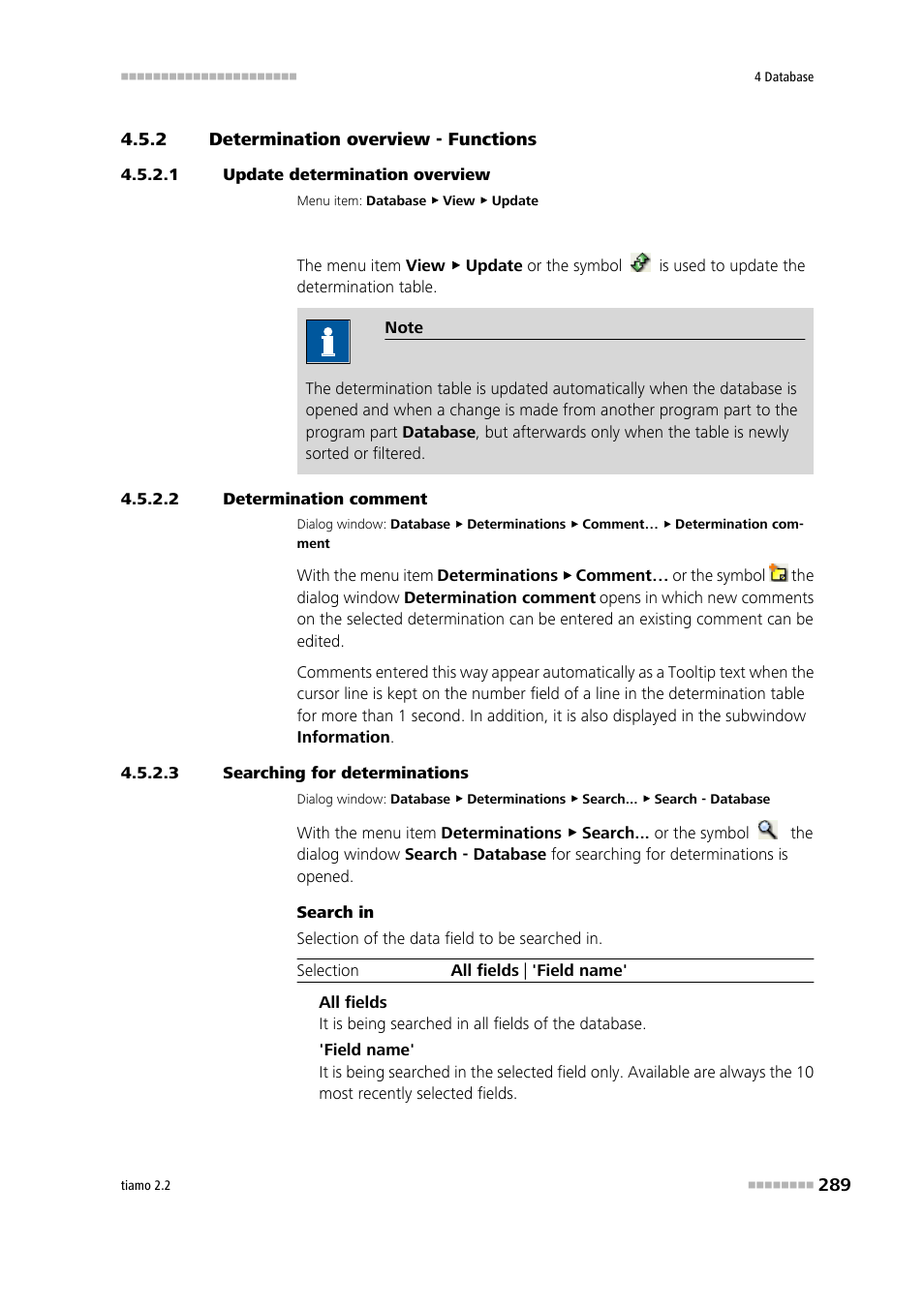 2 determination overview - functions, 1 update determination overview, 2 determination comment | 3 searching for determinations, Determination overview - functions, Update determination overview, Enter determination comment, Search determinations | Metrohm tiamo 2.2 Manual User Manual | Page 303 / 1574