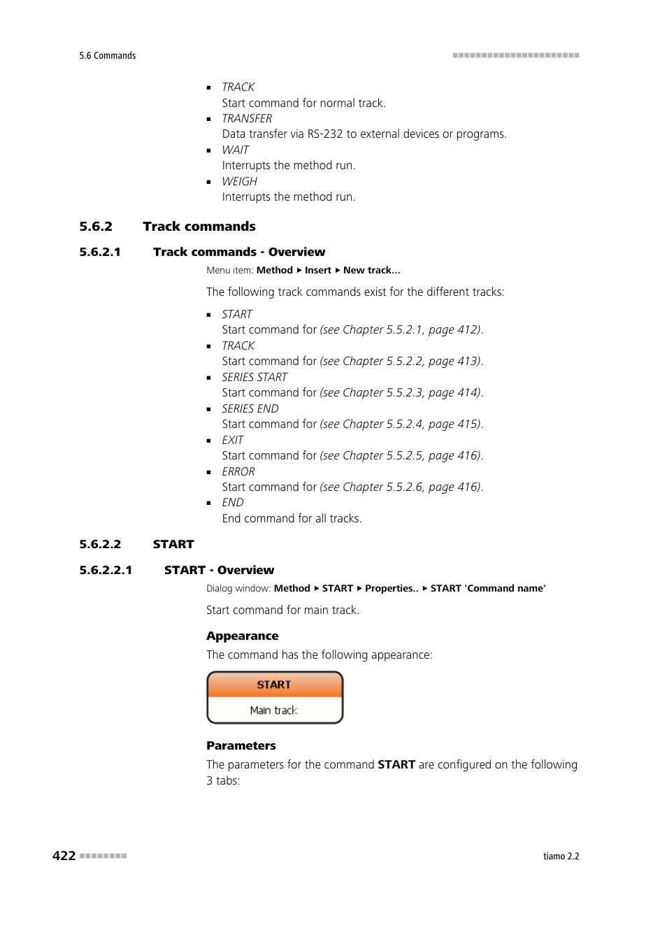 2 track commands, 1 track commands - overview, 2 start | 1 start - overview, Track commands, Start | Metrohm tiamo 2.2 Manual User Manual | Page 436 / 1574