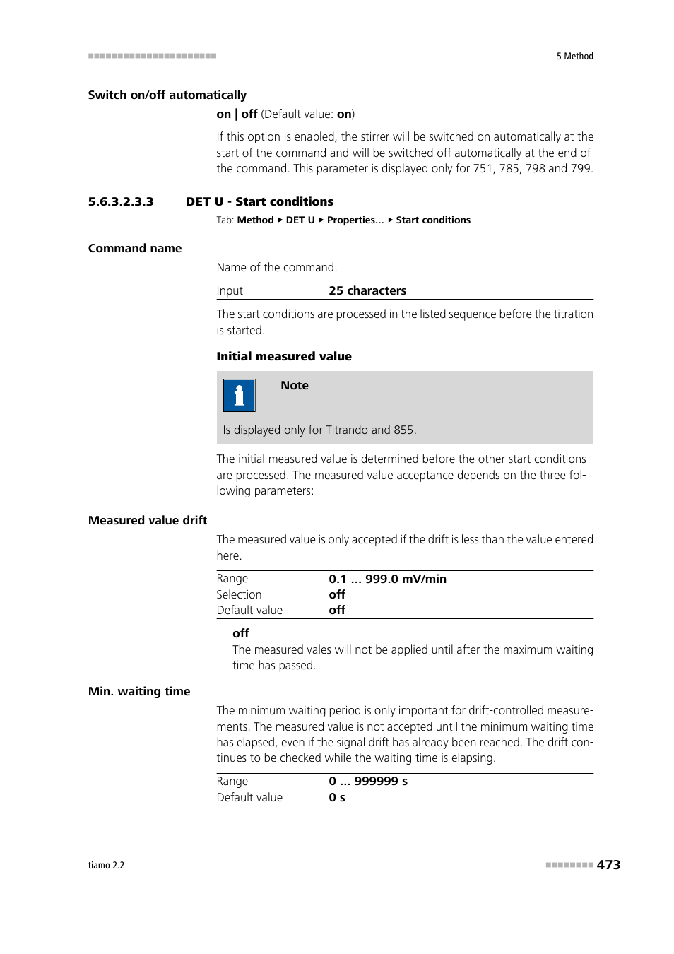 3 det u - start conditions, Start conditions | Metrohm tiamo 2.2 Manual User Manual | Page 487 / 1574