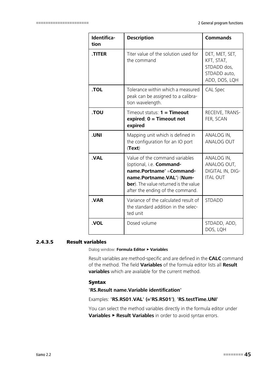 5 result variables, Result vari- ables | Metrohm tiamo 2.2 Manual User Manual | Page 59 / 1574