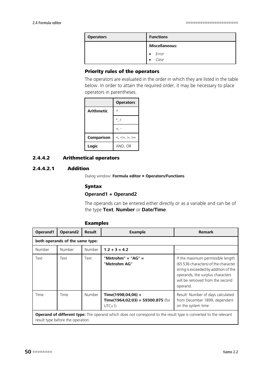 2 arithmetical operators, 1 addition, Addition | Metrohm tiamo 2.2 Manual User Manual | Page 64 / 1574