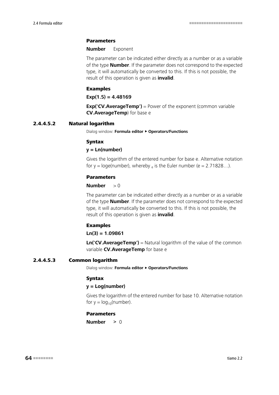 2 natural logarithm, 3 common logarithm, Natural logarithm | Common logarithm (log) | Metrohm tiamo 2.2 Manual User Manual | Page 78 / 1574