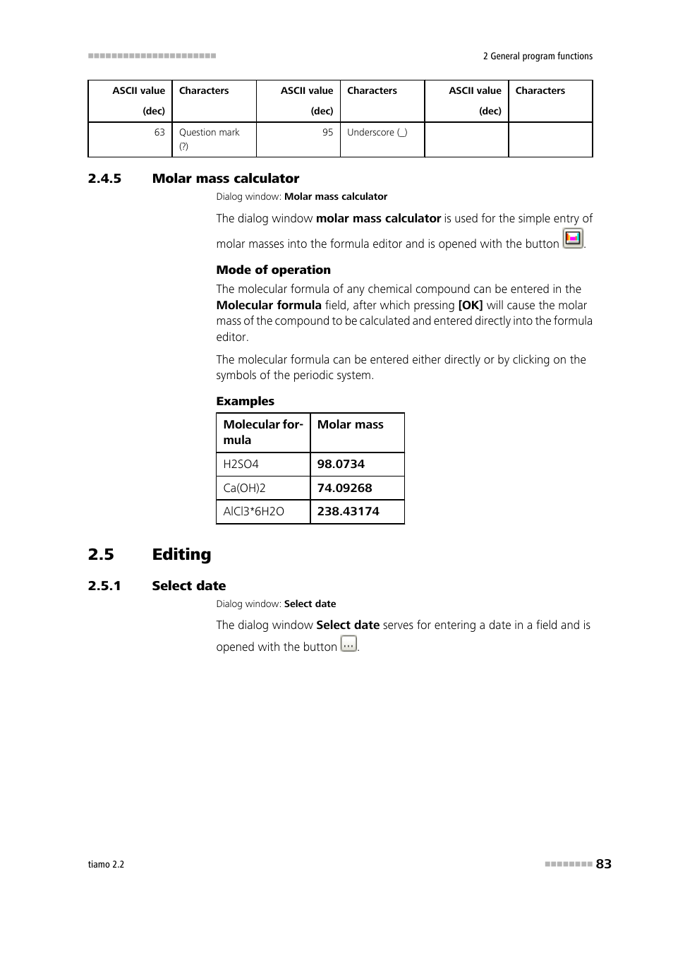5 molar mass calculator, 5 editing, 1 select date | Molar mass calculator, Editing, Select date | Metrohm tiamo 2.2 Manual User Manual | Page 97 / 1574