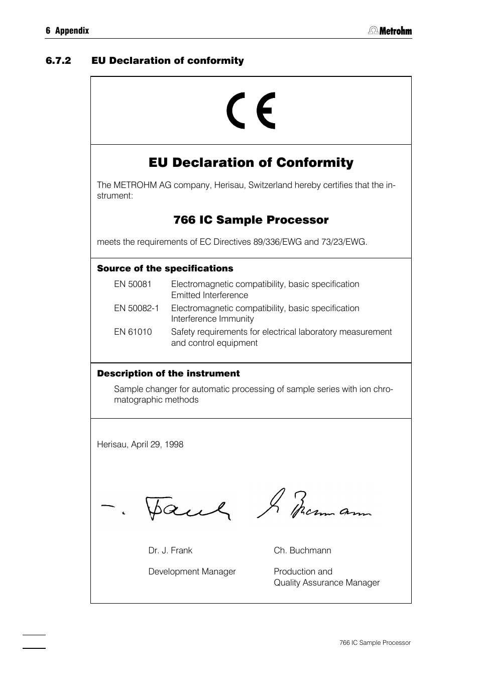 Eu declaration of conformity, 766 ic sample processor | Metrohm 766 IC Sample Processor User Manual | Page 133 / 143