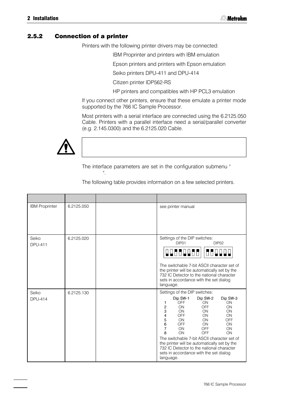 2 installation, Ibm proprinter and printers with ibm emulation, Epson printers and printers with epson emulation | Citizen printer idp562-rs | Metrohm 766 IC Sample Processor User Manual | Page 29 / 143