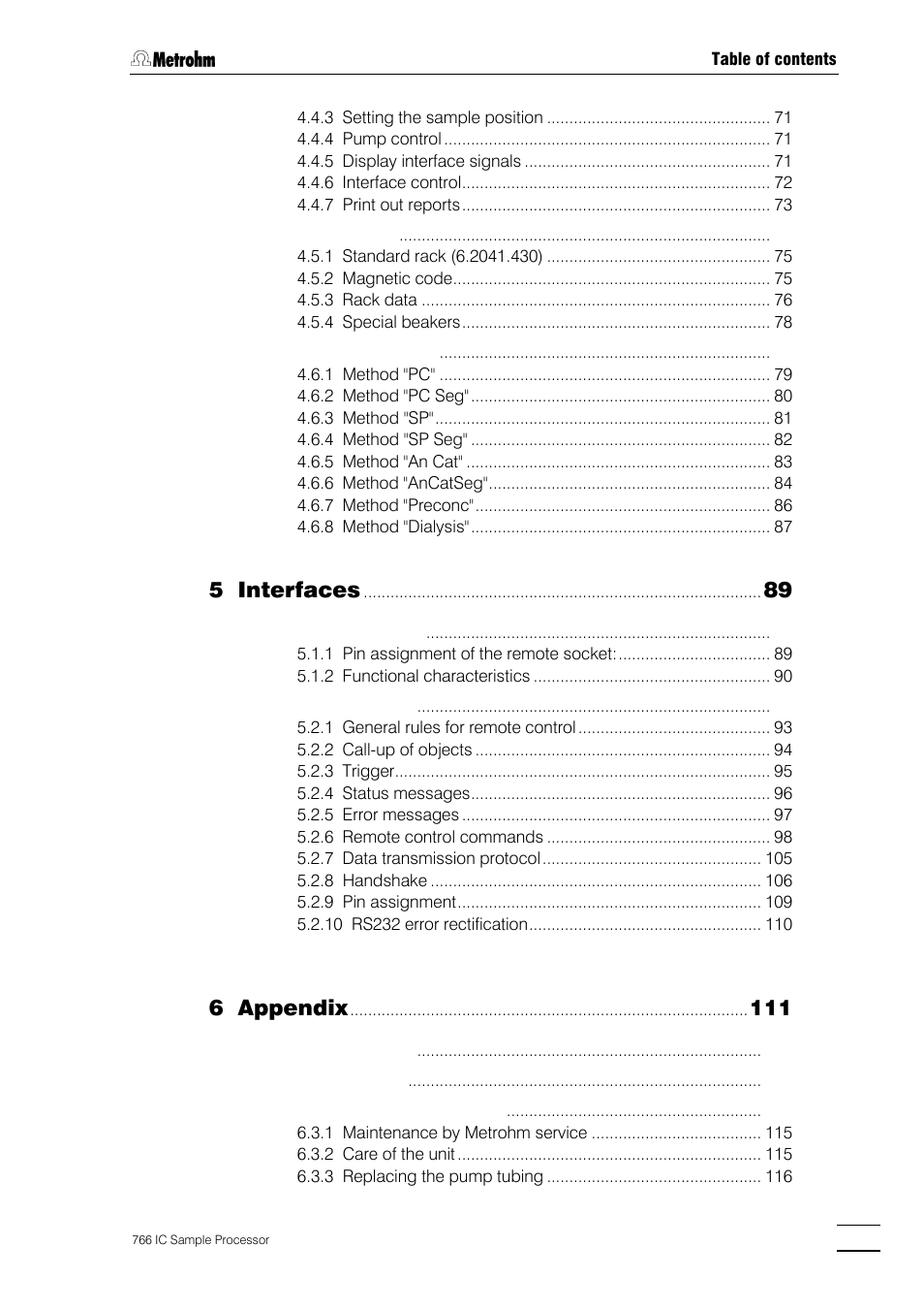 5 interfaces, 6 appendix | Metrohm 766 IC Sample Processor User Manual | Page 4 / 143