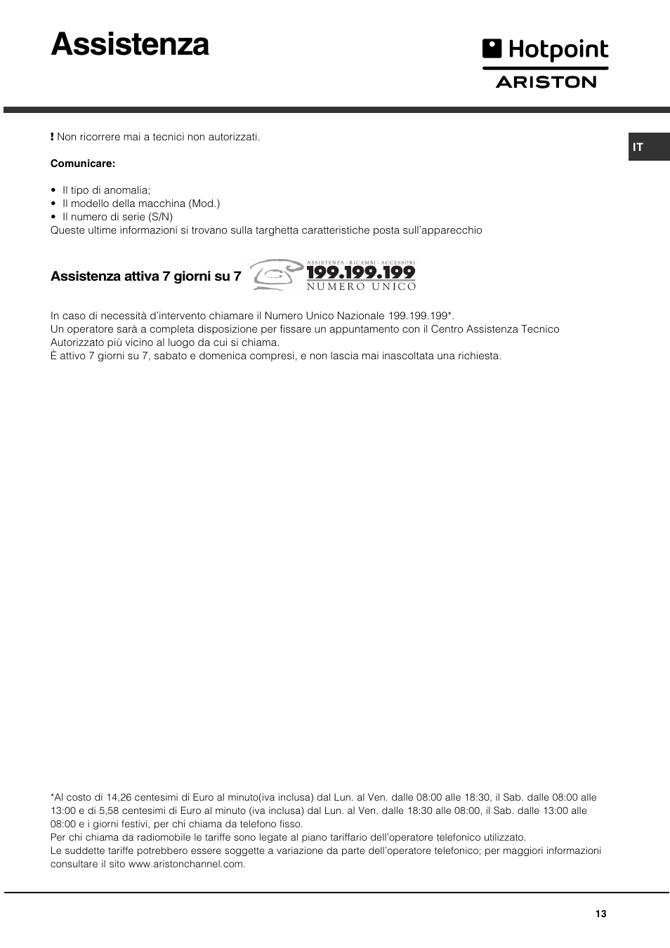 Assistenza | Hotpoint Ariston CX 65 SP4 R/HA User Manual | Page 13 / 52
