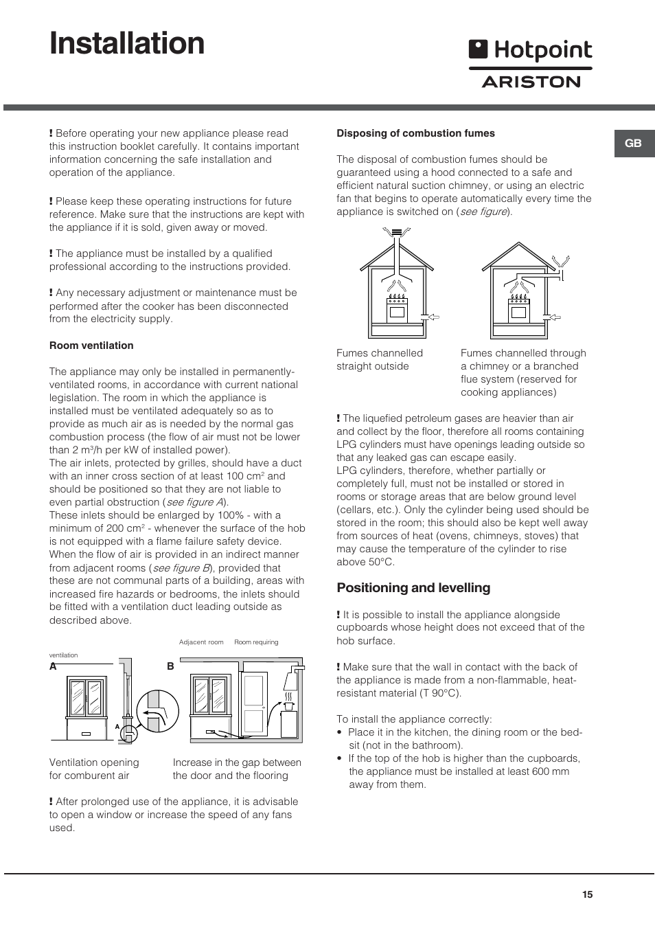 Installation, Positioning and levelling | Hotpoint Ariston CX 65 SP4 R/HA User Manual | Page 15 / 52
