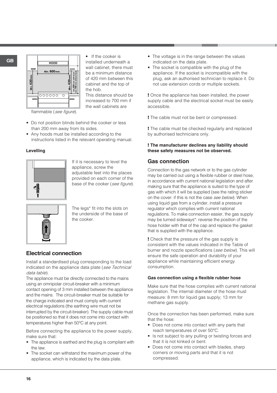 Electrical connection, Gas connection | Hotpoint Ariston CX 65 SP4 R/HA User Manual | Page 16 / 52