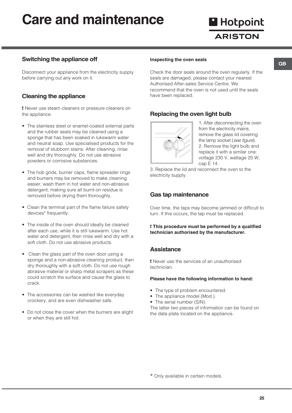 Care and maintenance | Hotpoint Ariston CX 65 SP4 R/HA User Manual | Page 25 / 52