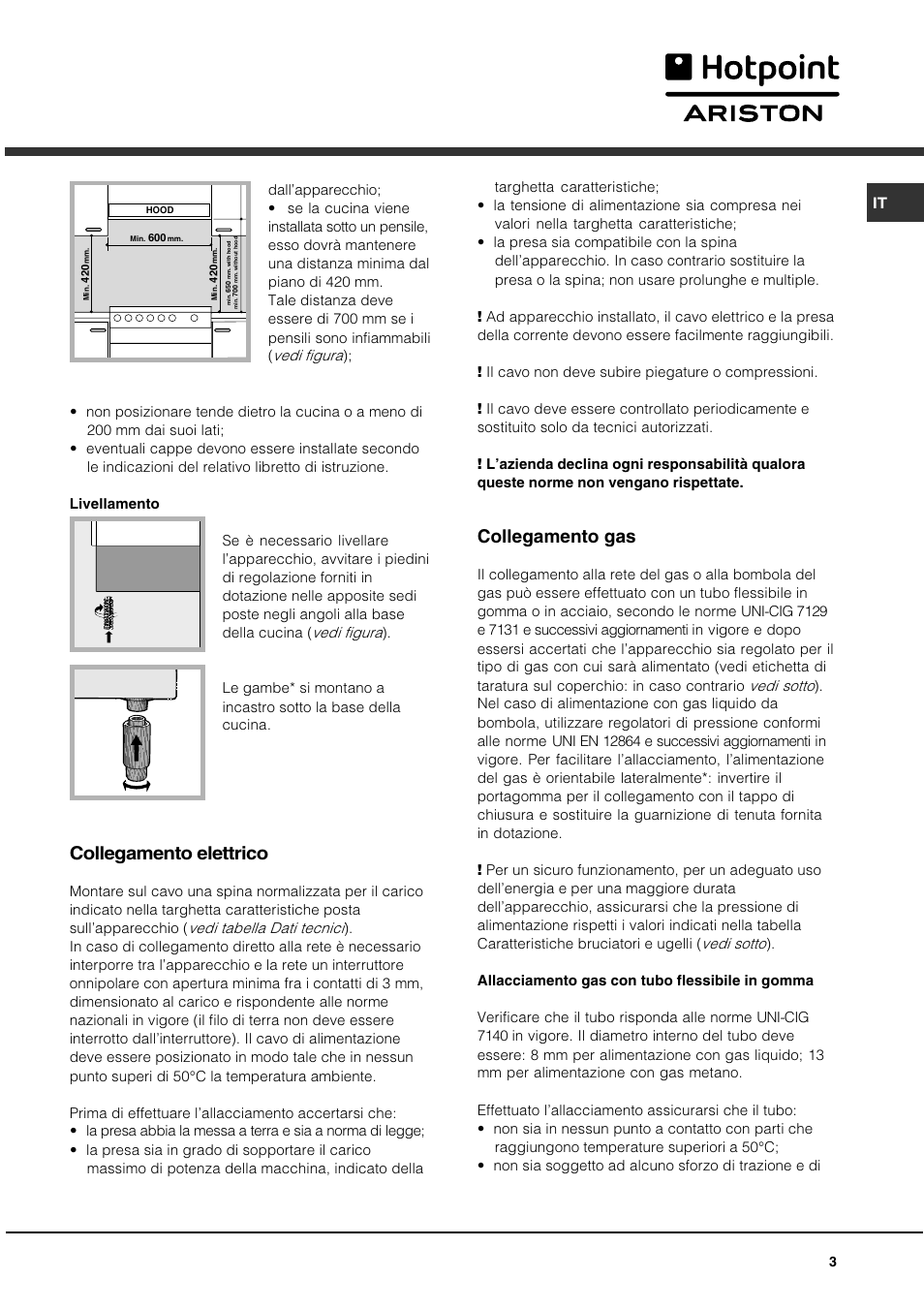 Collegamento elettrico, Collegamento gas | Hotpoint Ariston CX 65 SP4 R/HA User Manual | Page 3 / 52