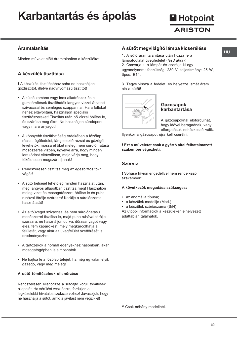 Karbantartás és ápolás | Hotpoint Ariston CX 65 SP4 R/HA User Manual | Page 49 / 52