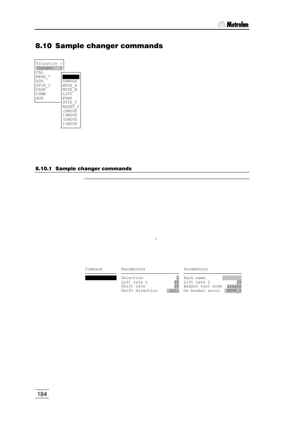 10 sample changer commands, 1 sample changer commands, 1 application mode of operation of ctrl and scan | 2 remote connections, 3 rs 232 interfaces, 4 other communication commands, 14 auxiliary commands | Metrohm 796 Titroprocessor User Manual | Page 190 / 312