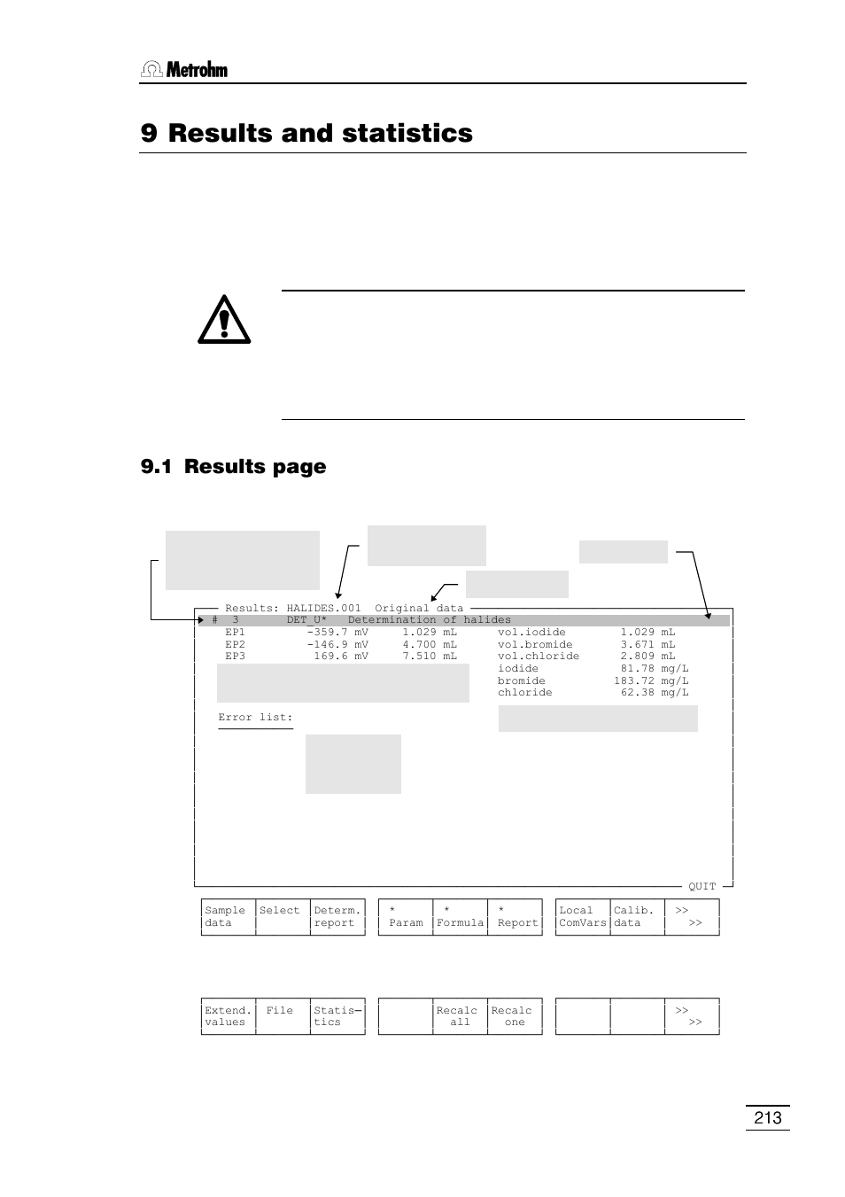 9 results and statistics, 1 statistics, 2 the <result> key | 1 results page | Metrohm 796 Titroprocessor User Manual | Page 219 / 312