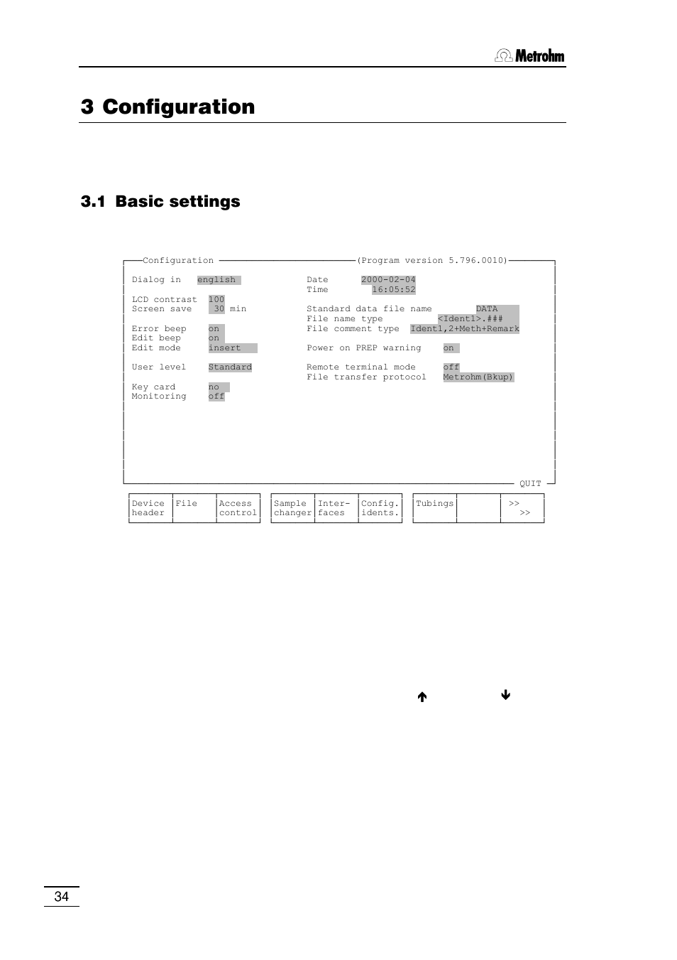 3 configuration, 1 sample racks, 2 special beakers | 3 basic configuration of 717 sample changer, 3 interface configuration, 1 setting the rs232 interfaces, 2 balances and printers, 3 data communication settings, 4 internal thermal printer, 5 initializing the rs232 interfaces | Metrohm 796 Titroprocessor User Manual | Page 40 / 312