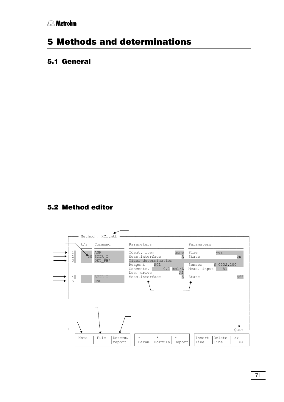 5 methods and determinations, 1 general 5.2 method editor, 1 load method | 2 create new method, 3 softkeys and their functions, 4 determination report, 3 determinations, 1 carrying out a determination, 2 individual determinations, 3 system variables | Metrohm 796 Titroprocessor User Manual | Page 77 / 312