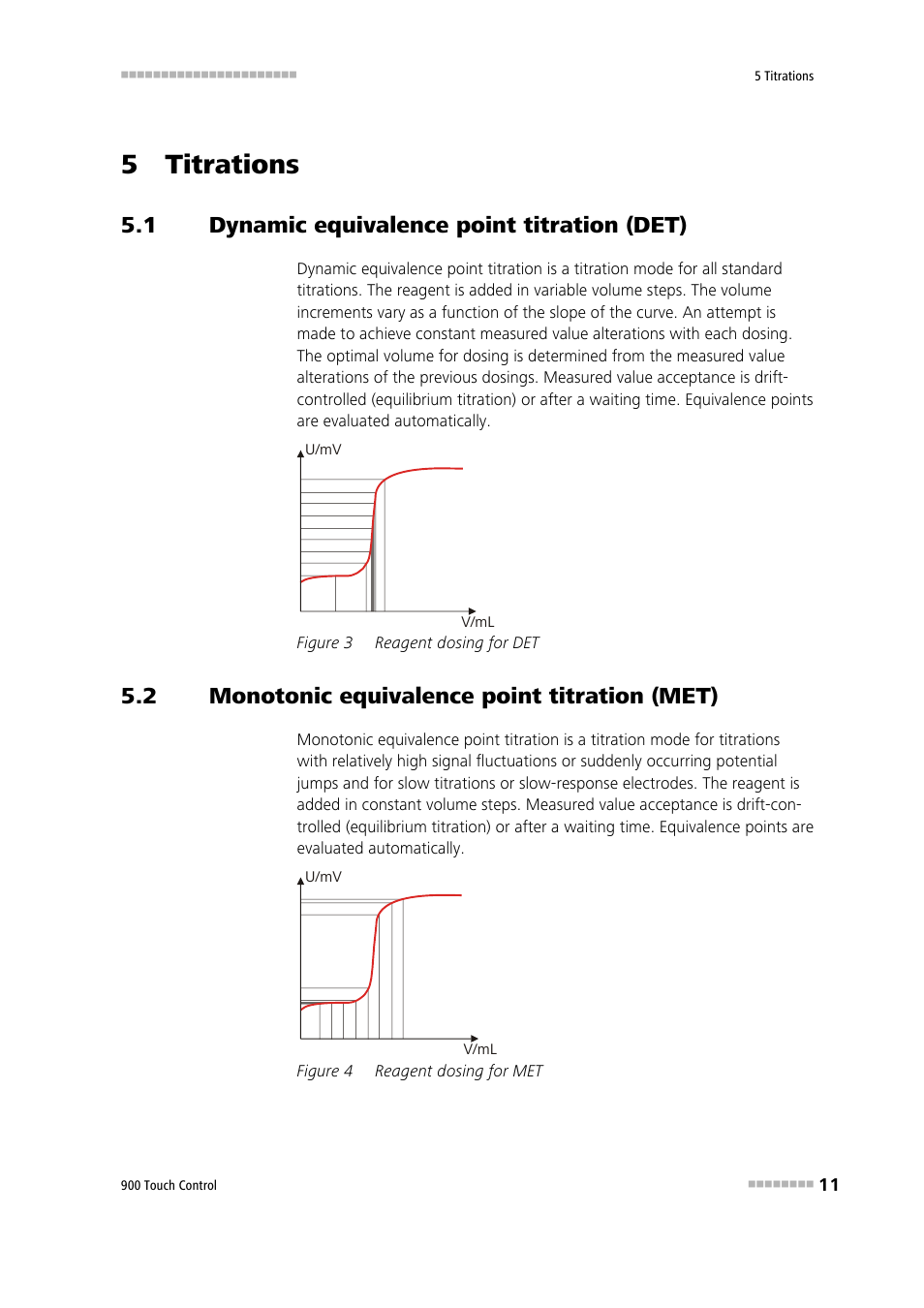 5 titrations, 1 dynamic equivalence point titration (det), 2 monotonic equivalence point titration (met) | Dynamic equivalence point titration (det), Monotonic equivalence point titration (met), Figure 3, Reagent dosing for det, Figure 4, Reagent dosing for met | Metrohm 900 Touch Control Manual User Manual | Page 27 / 541