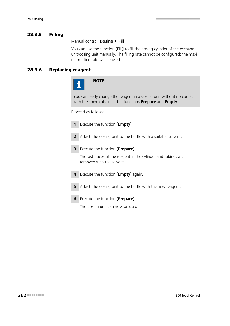 5 filling, 6 replacing reagent, Filling | Replacing reagent | Metrohm 900 Touch Control Manual User Manual | Page 278 / 541