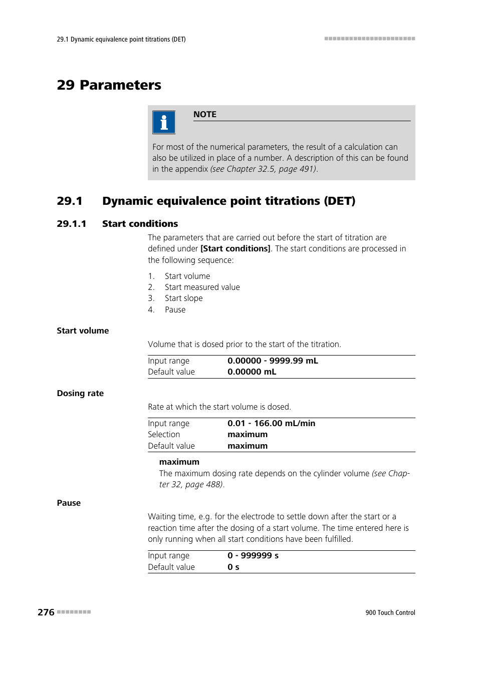 29 parameters, 1 dynamic equivalence point titrations (det), 1 start conditions | Start conditions | Metrohm 900 Touch Control Manual User Manual | Page 292 / 541