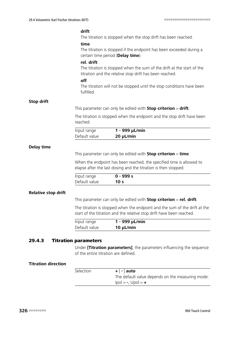 3 titration parameters, Titration parameters | Metrohm 900 Touch Control Manual User Manual | Page 342 / 541