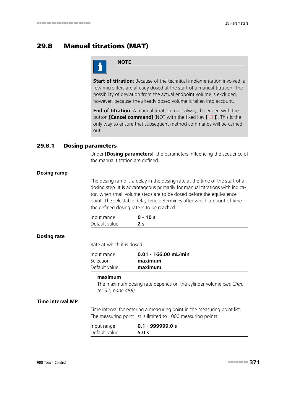 8 manual titrations (mat), 1 dosing parameters, 8 manual titrations (mat) 29.8.1 | Dosing parameters | Metrohm 900 Touch Control Manual User Manual | Page 387 / 541