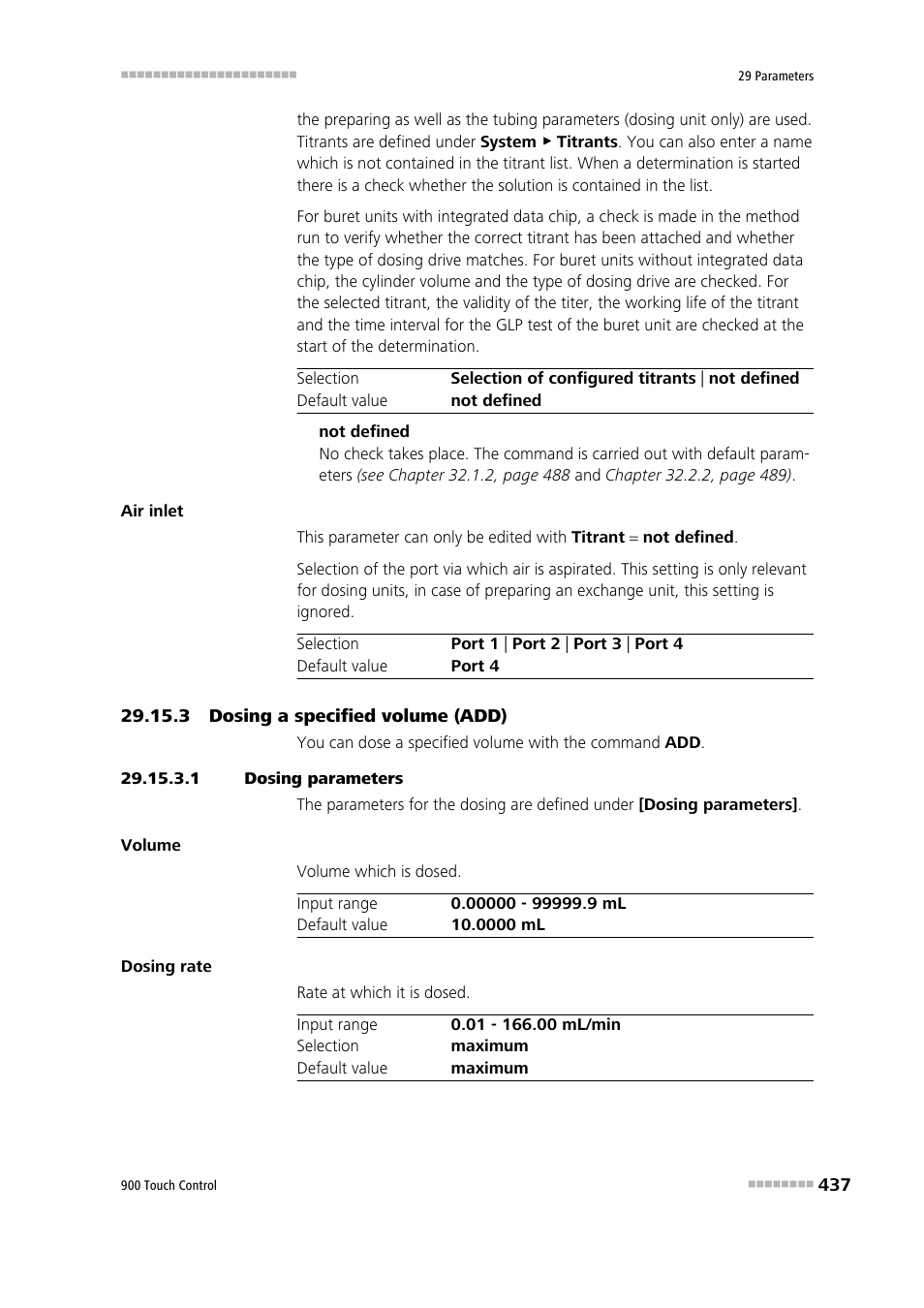 3 dosing a specified volume (add), 1 dosing parameters | Metrohm 900 Touch Control Manual User Manual | Page 453 / 541