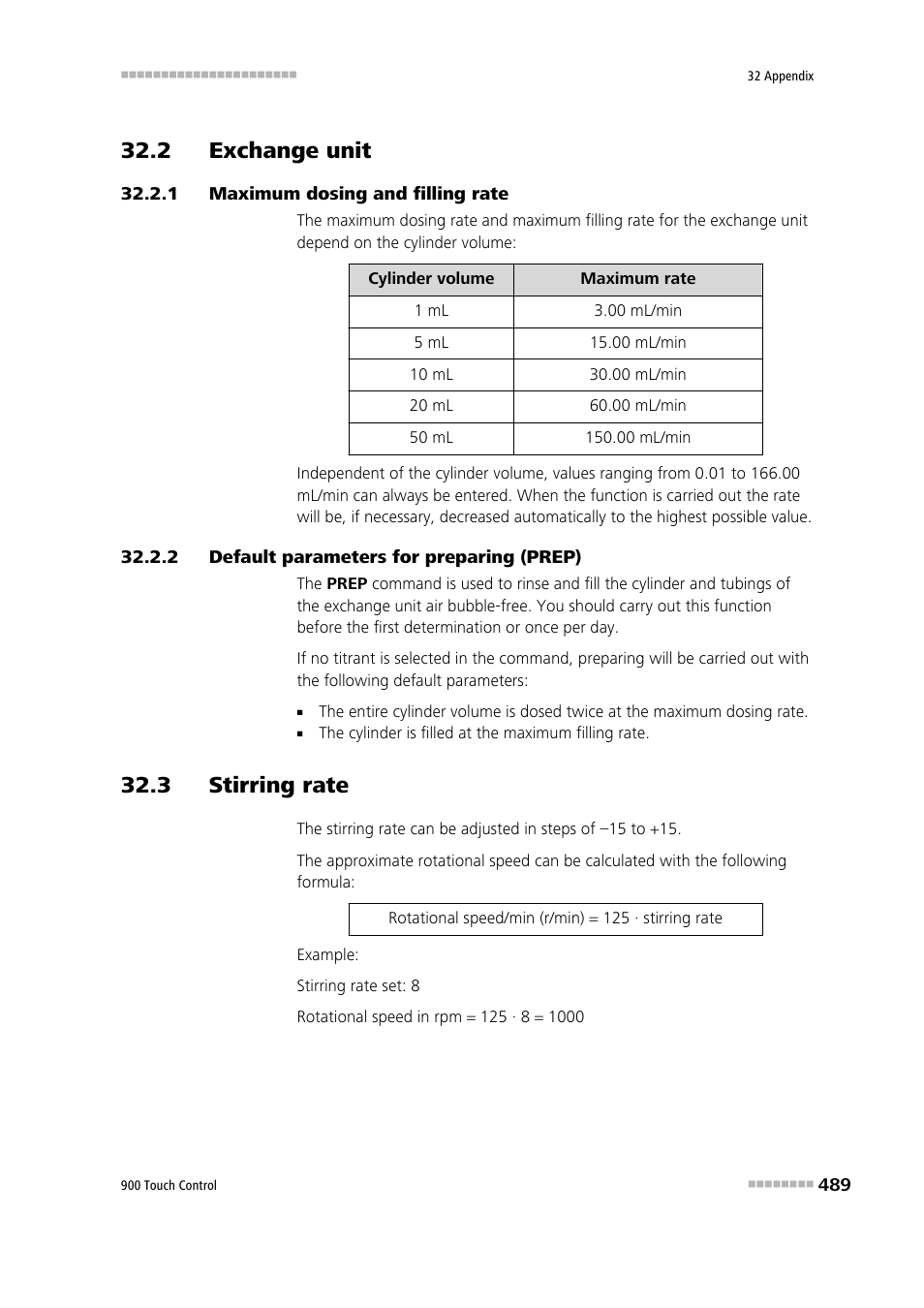 2 exchange unit, 1 maximum dosing and filling rate, 2 default parameters for preparing (prep) | 3 stirring rate, 2 exchange unit 32.2.1, Maximum dosing and filling rate, Default parameters for preparing (prep) | Metrohm 900 Touch Control Manual User Manual | Page 505 / 541