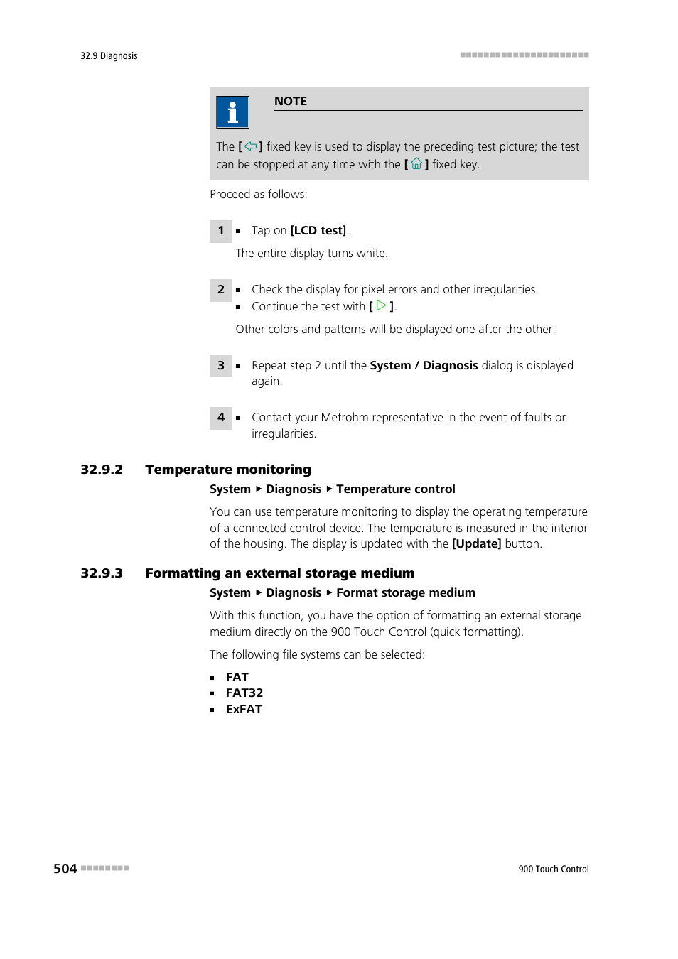 2 temperature monitoring, 3 formatting an external storage medium, Temperature monitoring | Formatting an external storage medium | Metrohm 900 Touch Control Manual User Manual | Page 520 / 541