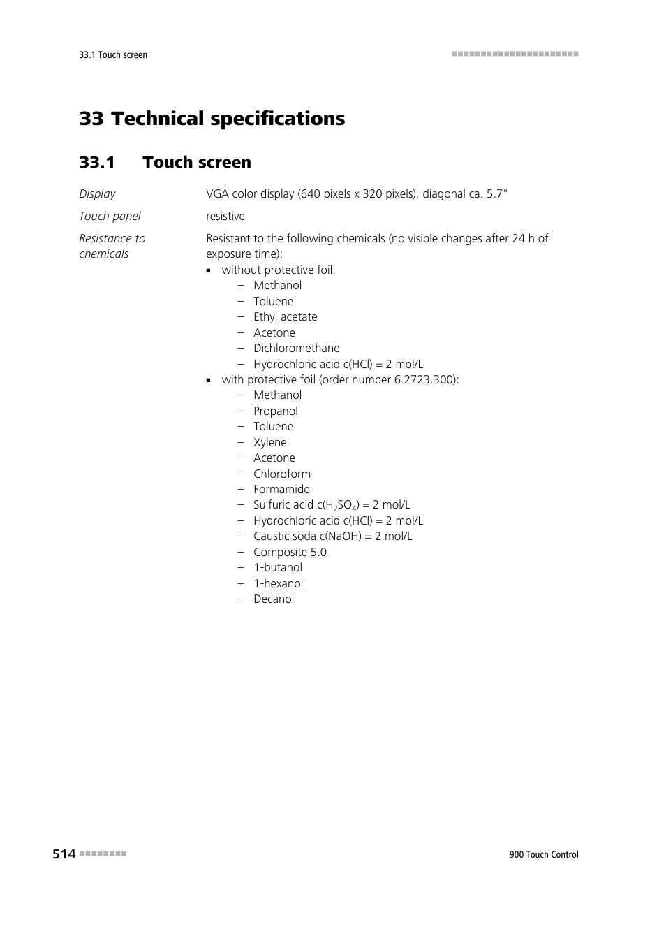 33 technical specifications, 1 touch screen | Metrohm 900 Touch Control Manual User Manual | Page 530 / 541