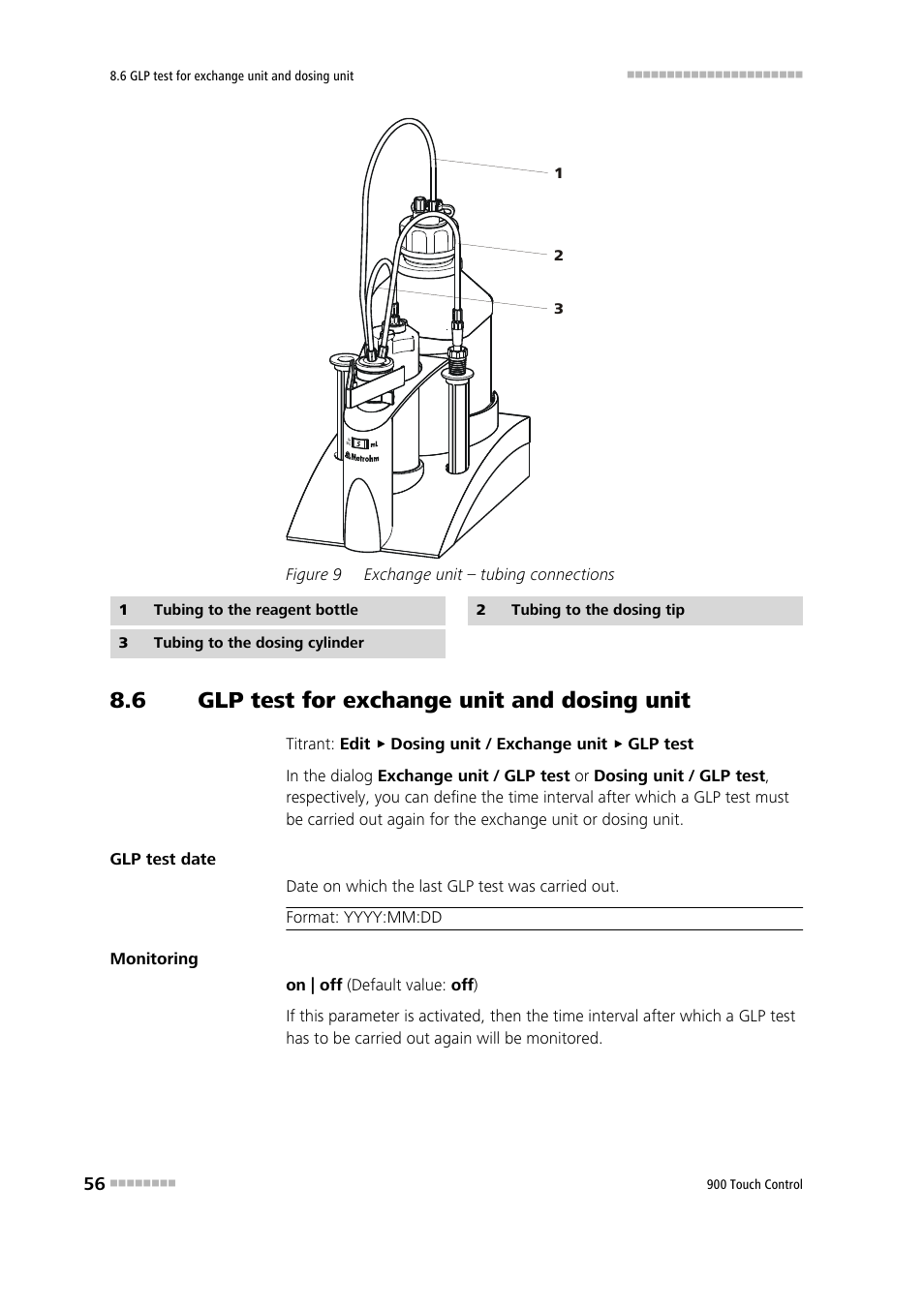 6 glp test for exchange unit and dosing unit, Glp test for exchange unit and dosing unit, Figure 9 | Exchange unit – tubing connections | Metrohm 900 Touch Control Manual User Manual | Page 72 / 541