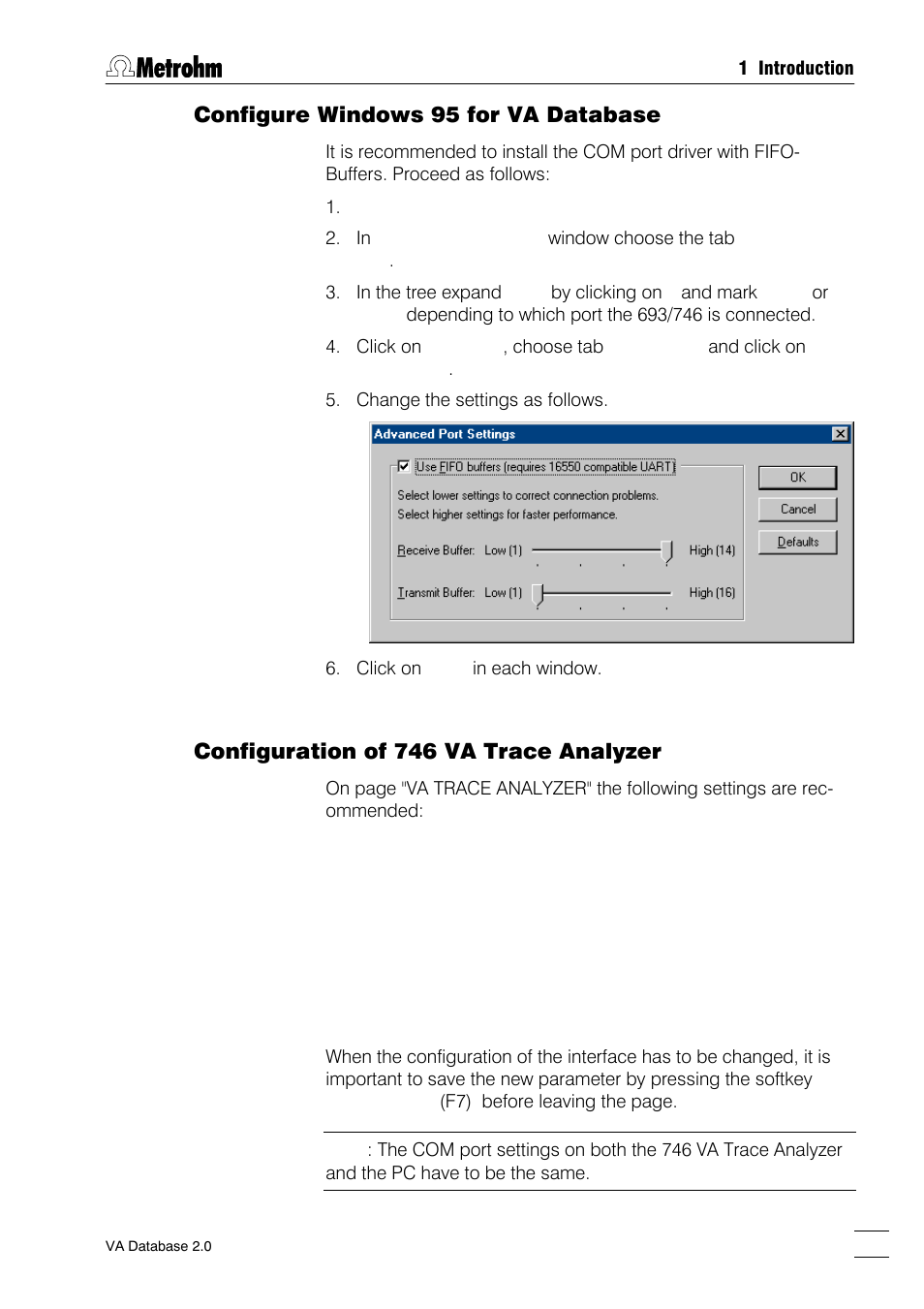 Configure windows 95 for va database, Configuration of 746 va trace analyzer | Metrohm 746 VA Trace Analyzer User Manual | Page 10 / 107