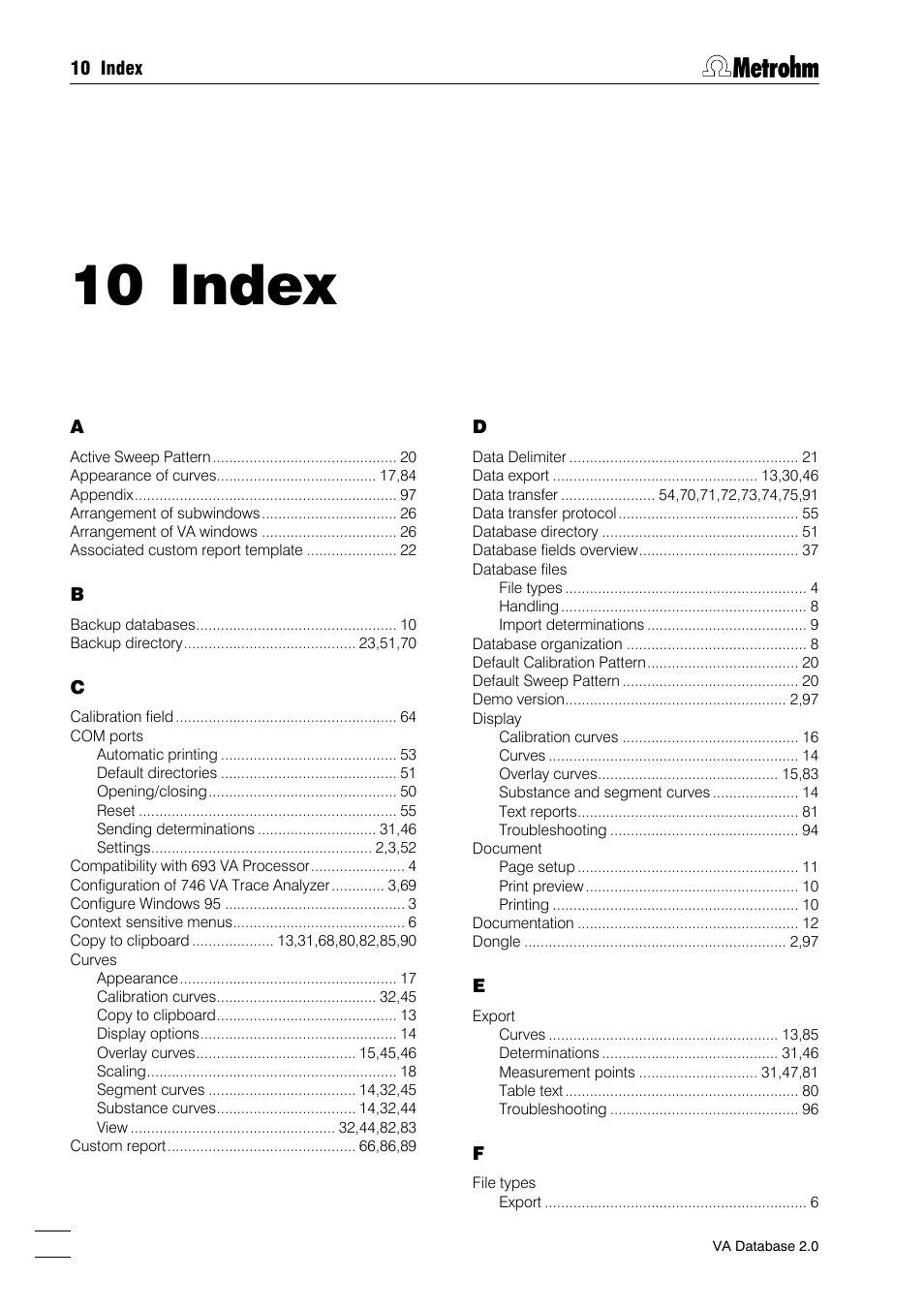 10 index | Metrohm 746 VA Trace Analyzer User Manual | Page 105 / 107